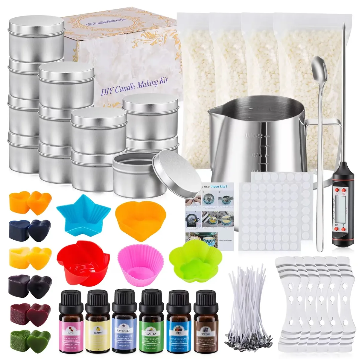 DIY candle making kit with soy wax, wicks and tins